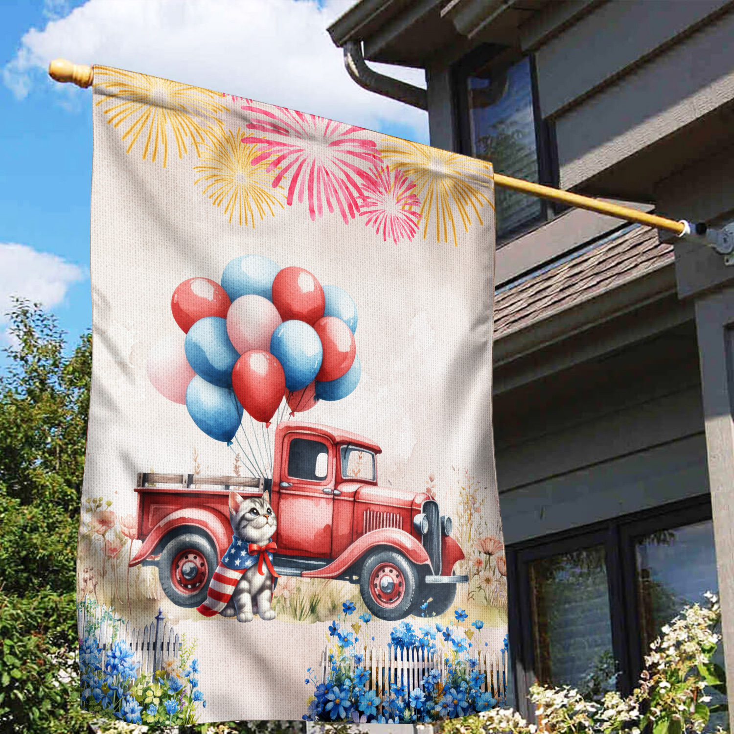 Vintage Patriotic American Shorthair 4th of July Independence Memorial Day House Flag 28x40in Double Sided Cat Lover Kitten Owner Gifts Outdoor Decor - 01006