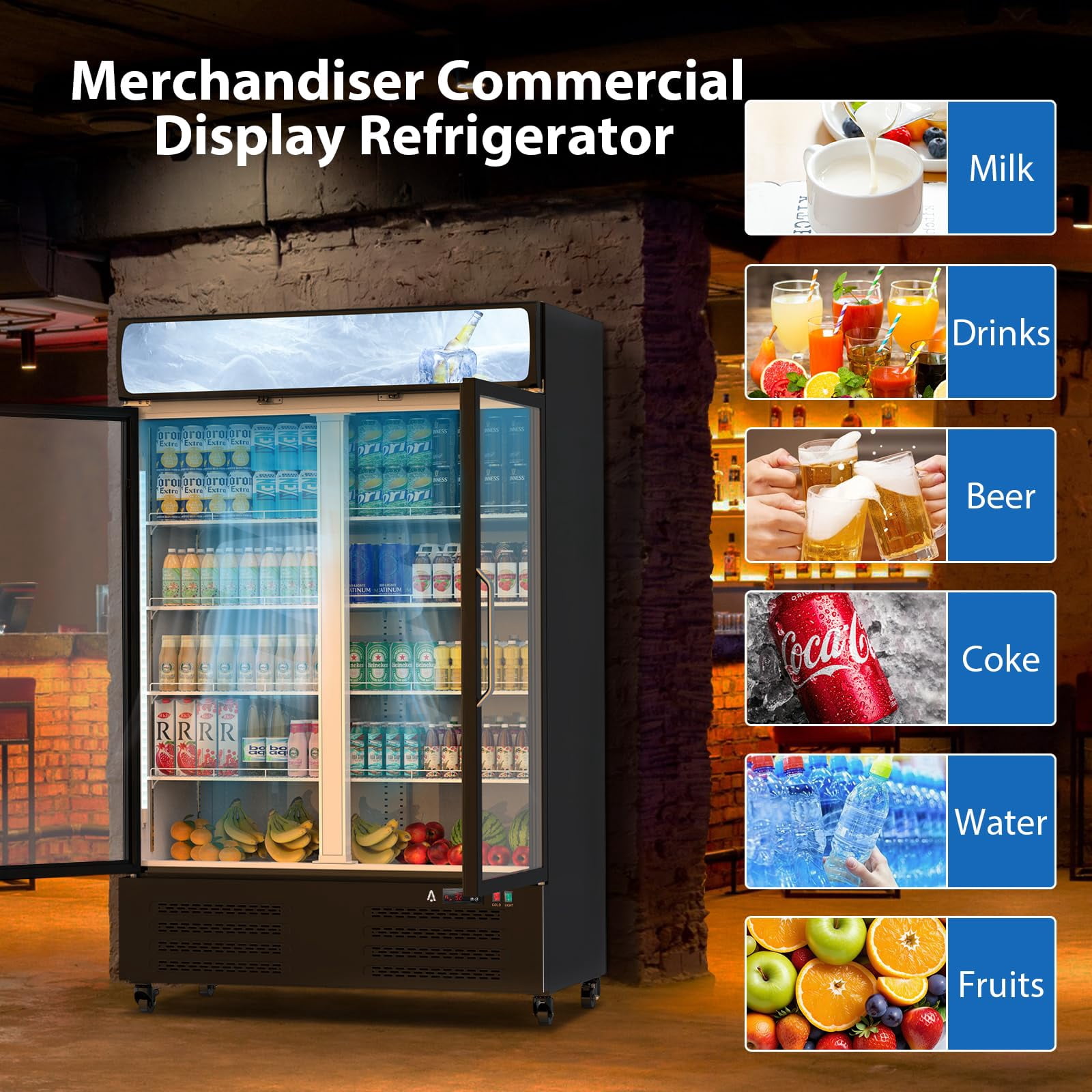 Beverage Cooler Commercial Refrigerator 36.3 Cu.Ft. Glass Door Display Refrigerator with LED Light, Commercial Refrigerator for Restaurant Cafe Bar Store