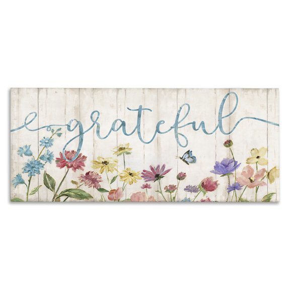Stupell Industries French Country Grateful Sentiment Spring Wildflower Garden Blue Butterfly Canvas Art, 40 x 17, by Nan