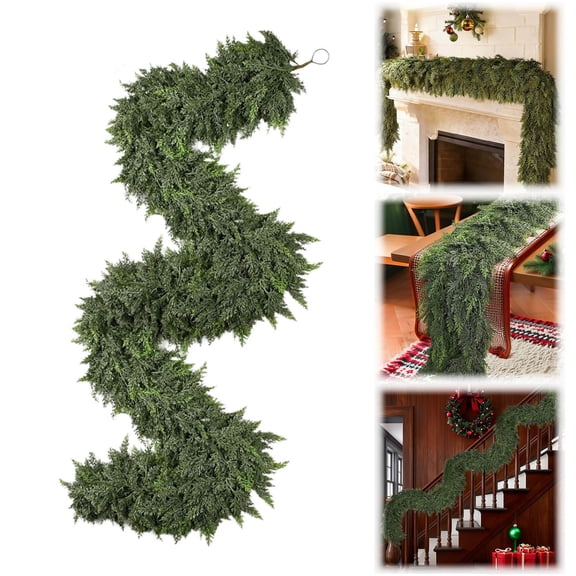 Cedar Christmas Garland 9ft Realistic Pine Garland for Mantle Decorations, Artificial Cedar Pine Needle Garlands for Indoor Outdoor Xmas Home Decoration Stairs Railing Fireplace Door Decor