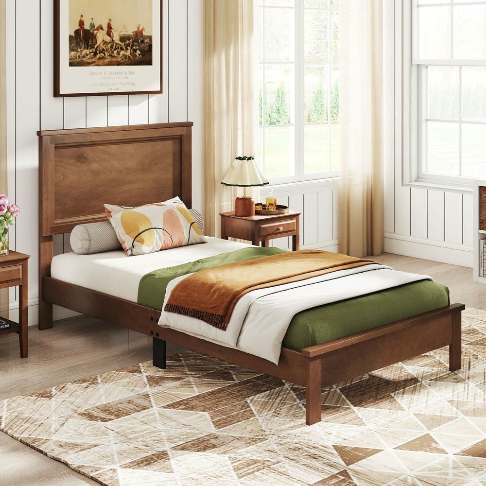 Barara King Twin Size Wooden Bedroom Bed Frame with Headboard and Slat Support, Bed Platform Frame for Apartment, Bedroom, Walnut