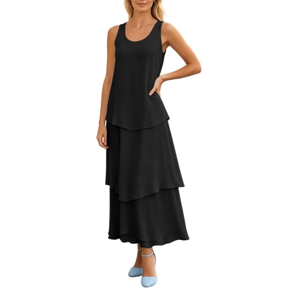Dvprdro Womens Casual Beach Maxi Dress Chiffon Crew Neck Sleeveless Scallop Hem A Line Dress Solid Flowy