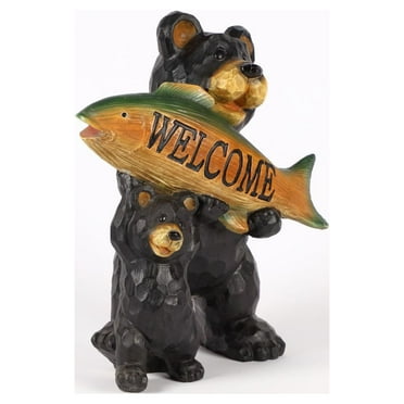 Hi-Line Gifts Bear and Cub Holding Fish Welcome Sign Outdoor Garden Statue - 11.25" - Black and