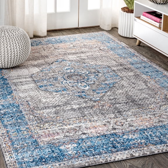 JONATHAN Y 4 x 6 Area Rug, Anatolia Vintage Medallion - Peacock Blue/Gray, RES109A-4