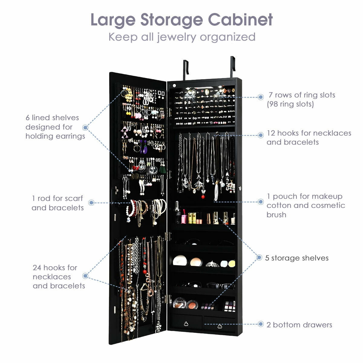 Gymax Wall & Door Mounted Mirrored Jewelry Storage Cabinet Storage with Lights & Drawer Black