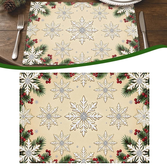 Clearance Christmas Placemats 12x18 Inch, Winter Xmas Snowflake Linen Table Mats Reusable Washable Place Mats for Party Kitchen Dining Indoor Decor