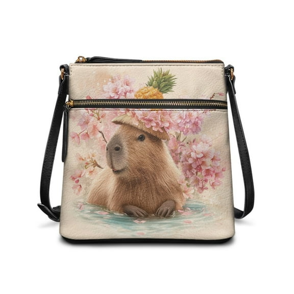 ZUXONGSY Capybara Cherry Blossom Pineapple Print PU Leather Crossbody Bags for Women Fashion Multiple Pockets Bag Satchel Lightweight Messenger Bag Shoulder Handbags with Zipper for Working Workout
