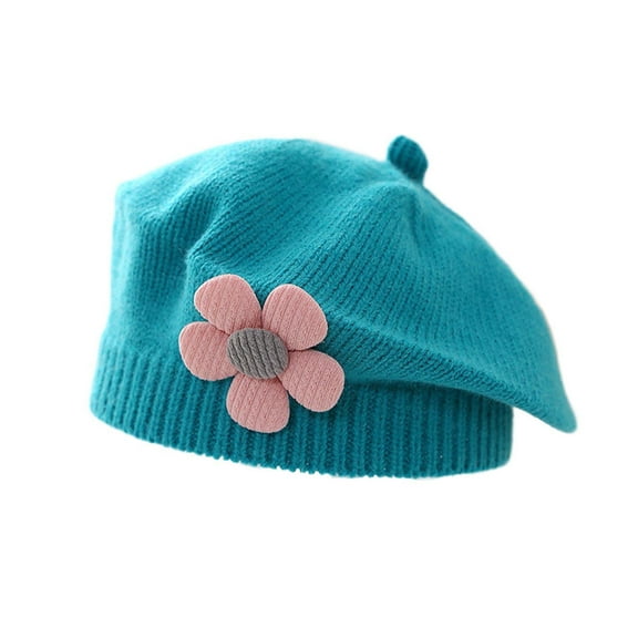 ZACPNCV Kids Beret Hat Toddler Winter Knitted Beanie Cap with Cute Flower Little Girls French Hat Blue Free Size