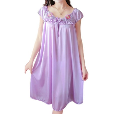 

Girl s Nightgown for Summer Short Sleeve Lace Floral Embroidery Pajama Dress One Size Light Purple