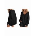 thumbnail image 2 of Womens V Neck 2 Piece Outfits Casual Loose Fit Long Sleeve Top and High Waisted Shorts Lounge Sets Black XL, 2 of 6