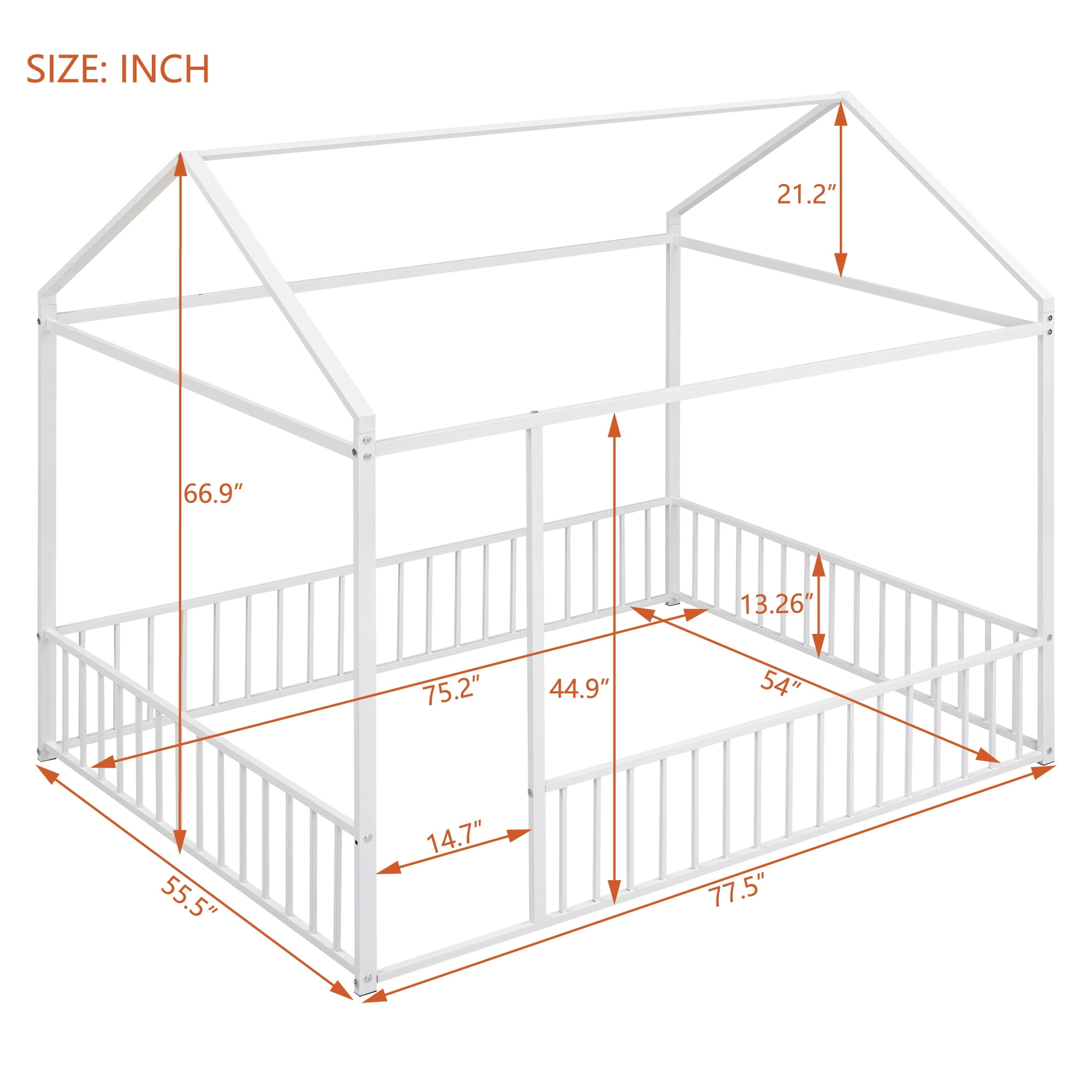 Full Size Montessori Floor Bed, Metal House Bed Frame for Kids, Kids Floor Beds with Fence Guardrails, Playhouse Bed for Kids Boys Girls