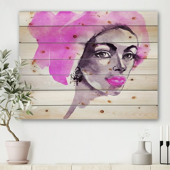 Designart 'Afro American Pink Woman Fashion Portrait' Modern Print on Natural Pine Wood