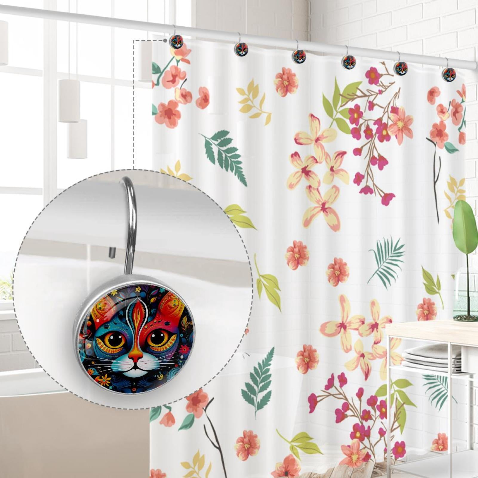 HemaKayy 12 Pcs Decorative Shower Curtain Hooks - Stainless Steel Rings for Bathroom Décor - Easy Glide & Secure Hold - Perfect Decoration for Bathroom Shower Rods - Pet Cats