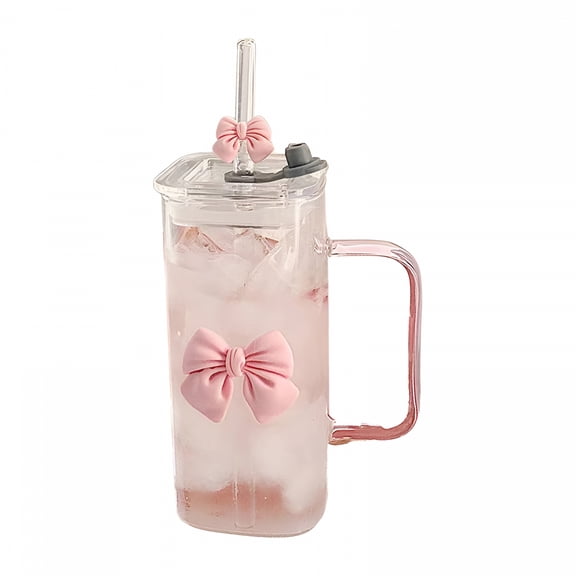 ACDANC 15Oz/450Ml Glass Cups with Lids and Straws,Iced Coffee Cups with Lids,Thick Wall Glass Mug for Tea Water with Glass Straw,Coffee Glass Cute Tumbler Gifts Glass Mugs(Pink)