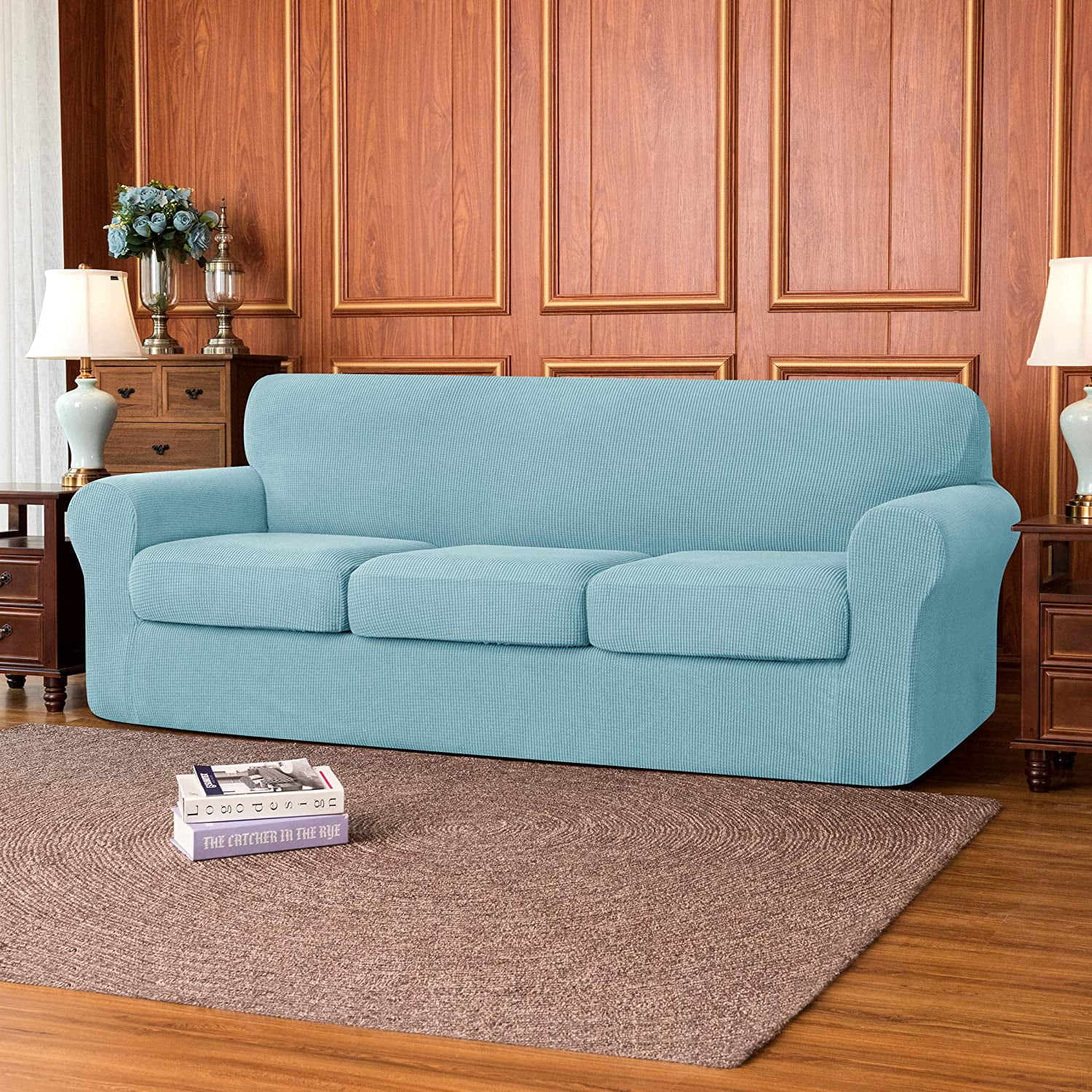 Subrtex 4-Piece Stretch Textured Grid Sofa Cover Slipcover,Separate Cushion Cover(Steel Blue, Sofa)