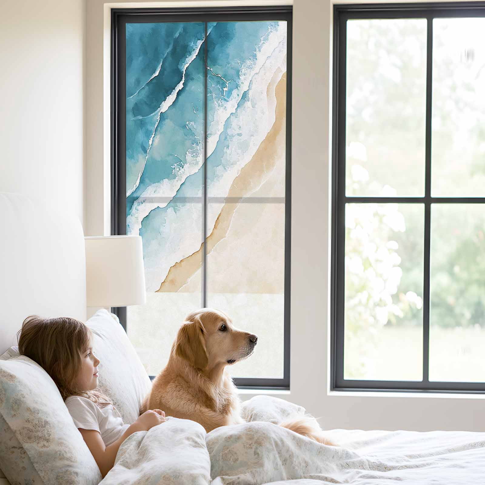 Beach Ocean Waves Window Privacy Film, Blue Watercolor Painting Frosted Glass Window Clings Static Cling UV Heat Blocking Reusable Door Sticker for Bathroom 23.6 x 59 Inch