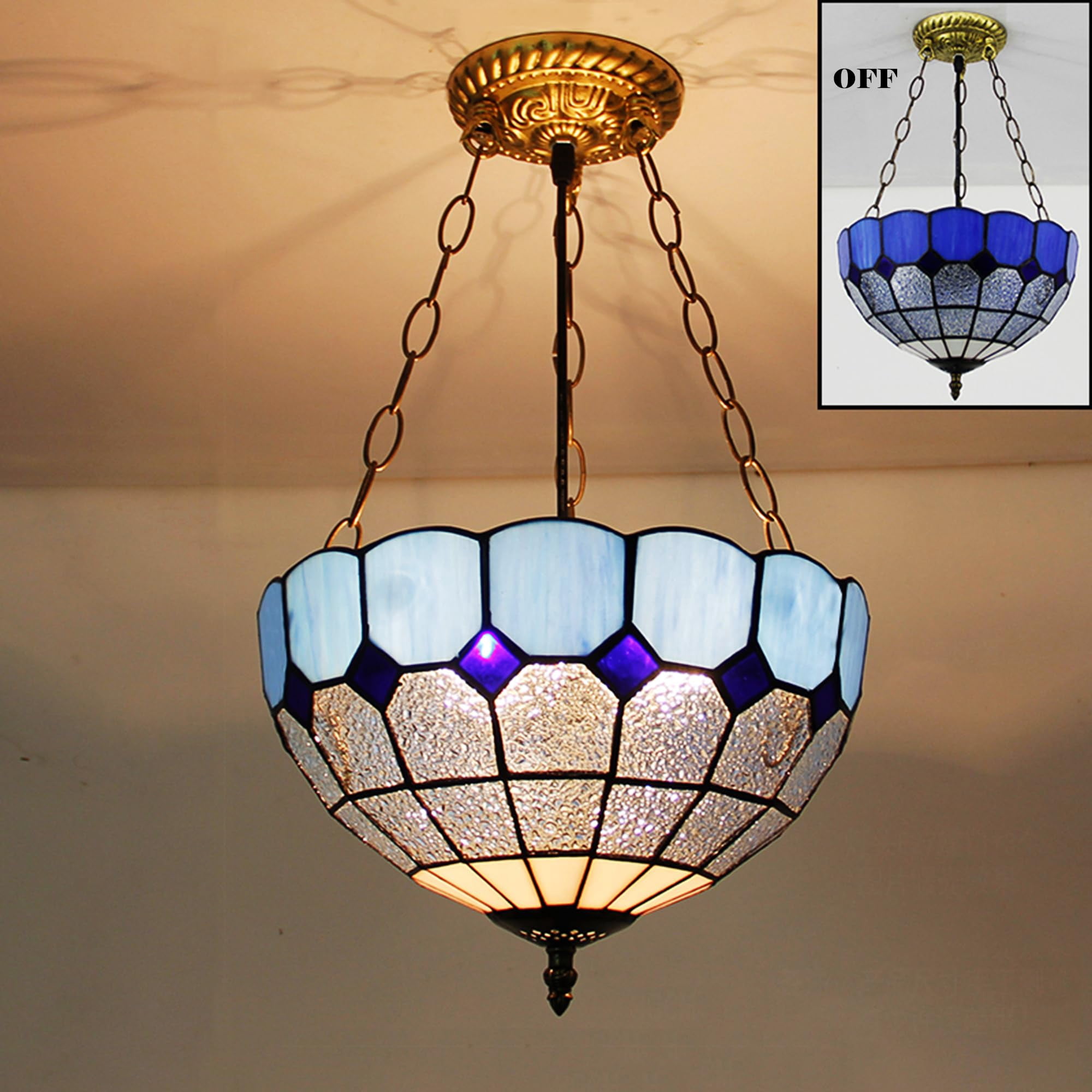 Kiven 11.8in Plug-in Flush Mount Ceiling Light Fixture, 3-Light Anti Glare Close to Ceiling Light with 15FT Cord, Tiffany-Style Glass Chandelier Dimmable for Bedroom Kitchen Hallway(No.3226-DBL)