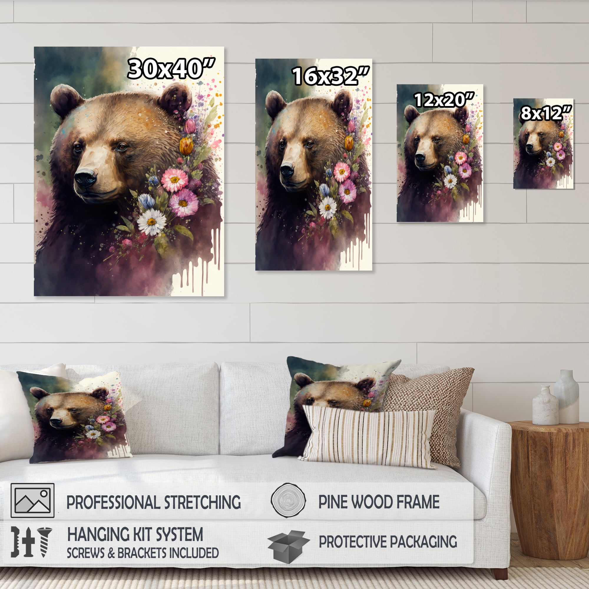 Designart Cute Bear Floral Art I Canvas Wall Art