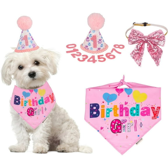 1Set Dog Birthday Party Supplies, Pink Girl Dog Birthday Bandana Hat Numbers Bow Set for Medium Large Dogs (Large) decoration Graduation earring