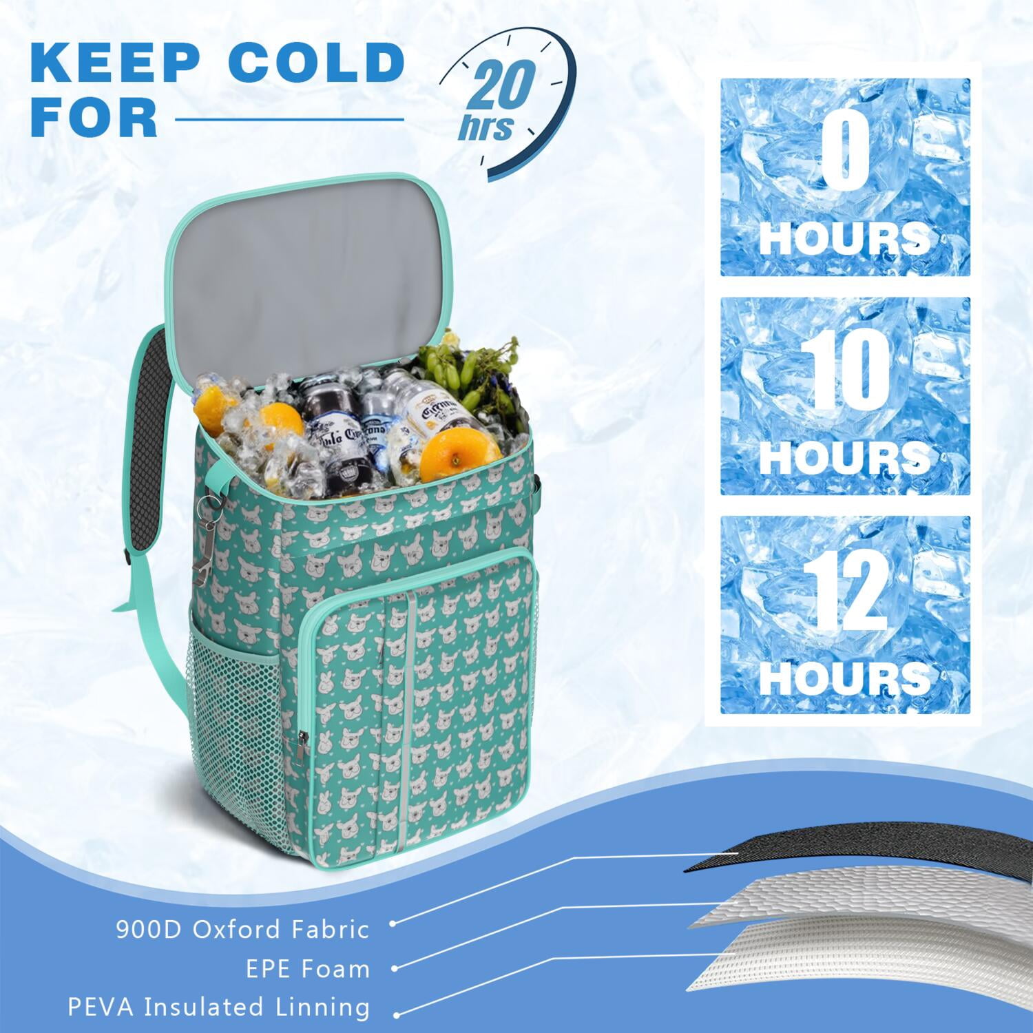 Travel Cooler Bag - Esign Of Head Pug Dog Camping Beer Cooler Backpack with Bottle Opener- Waterproof Insulated Picnic Backpacks - Cooler Bag for Beach