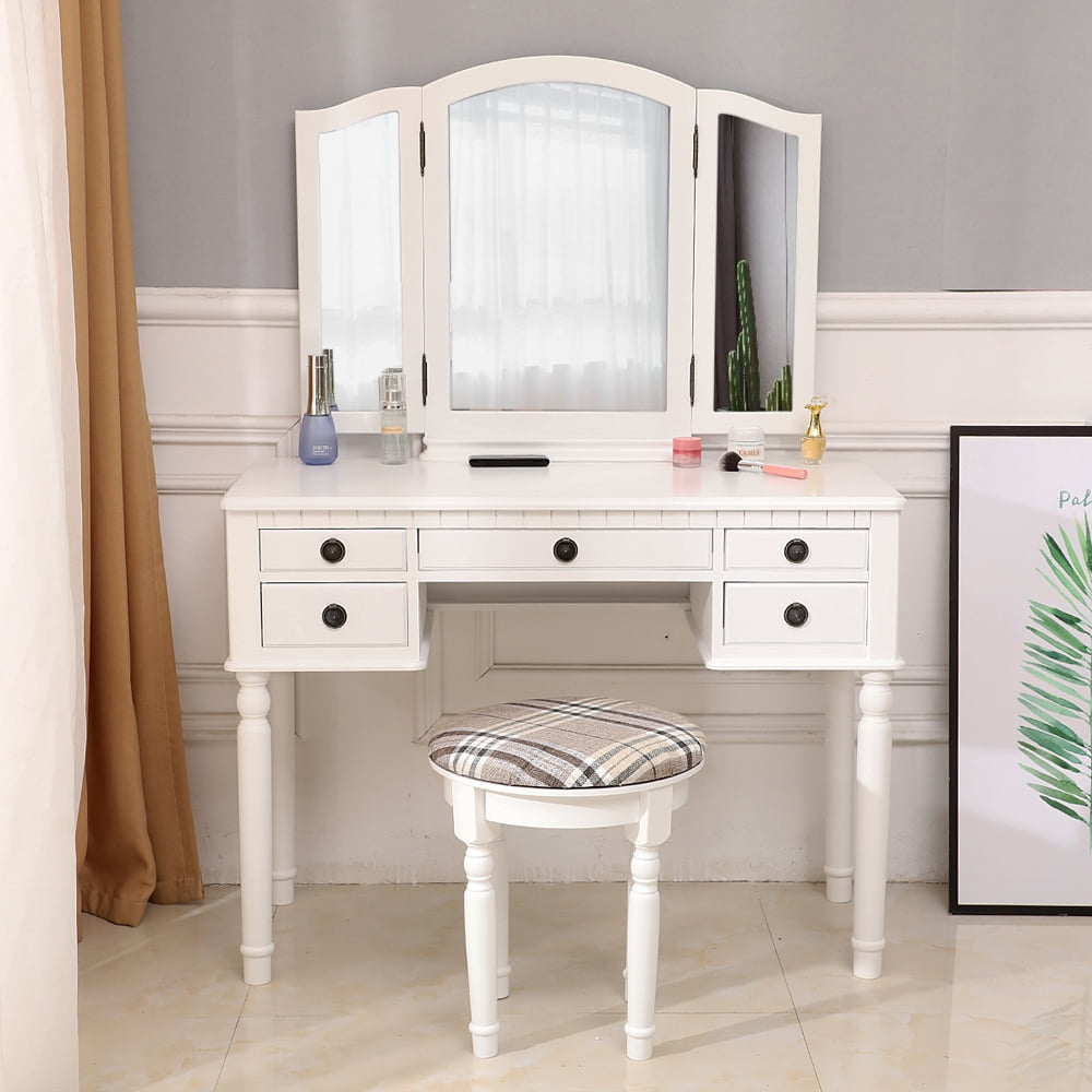 Bonnlo White Vanity Set with Tri-Folding Mirror Makeup Dressing Table with Vanity Stool,Bedroom Vanity Table with 2 Large Drawers&Necklace Hooks