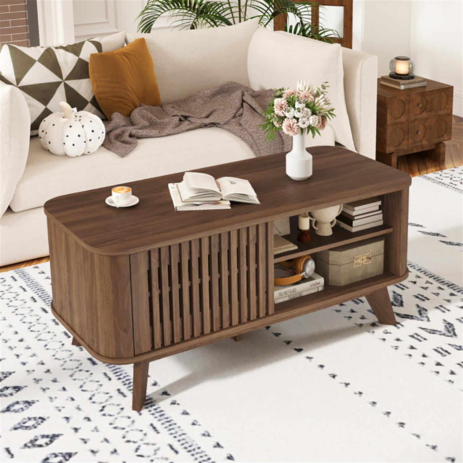 Demi Bonn Rectangular Glass Coffee Table, Dining Center Tables with Storage and Adjustable Shelves for Living Room, Bedroom, Office and Balcony, Brown