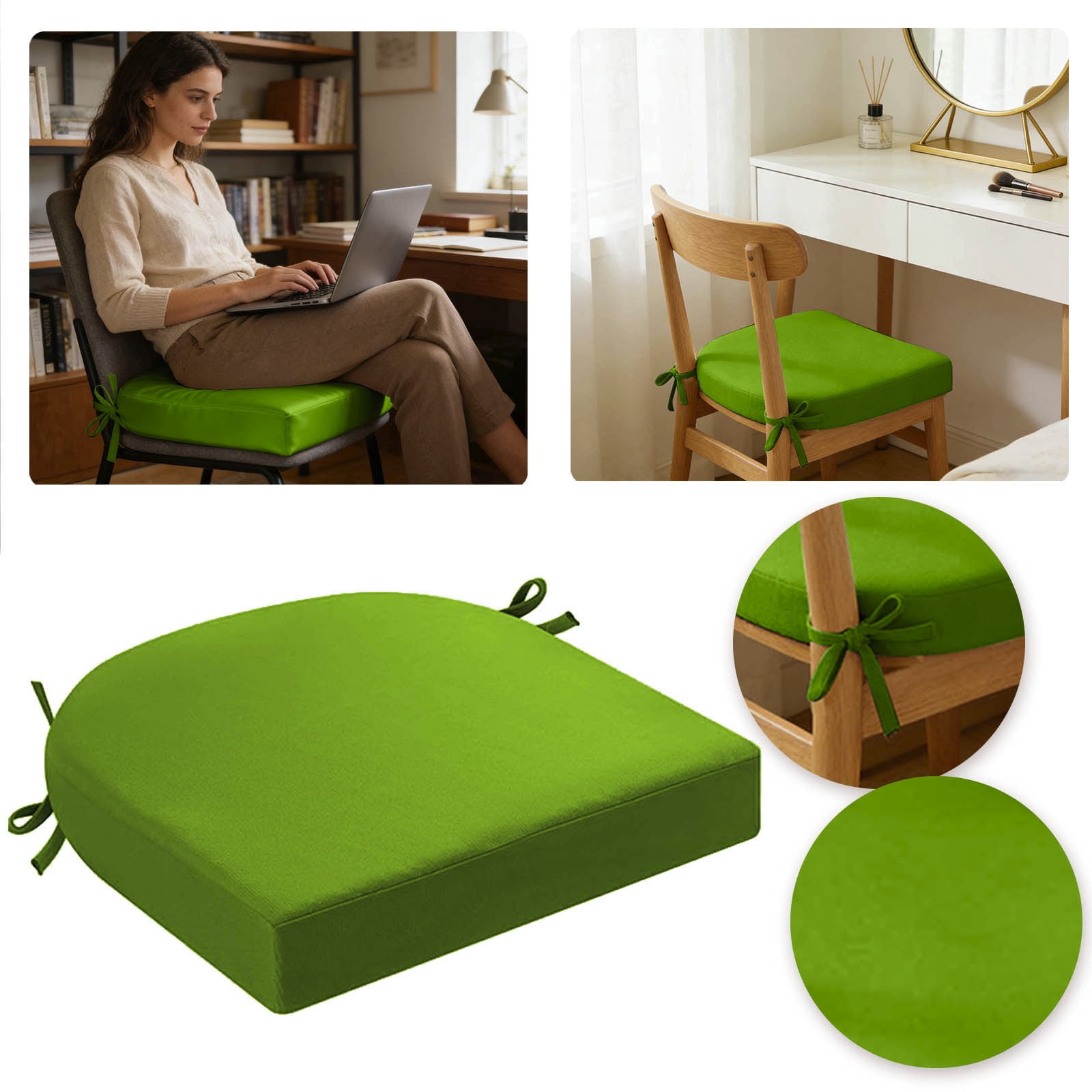 Indoor Outdoor Chair Cushion - 16.9 x 15.7 Inch Thick Seat Pad with Adjustable Ties for Dining Chairs and Garden Chairs - Foam Comfort Seat Cushion for Home and Garden (Light Green)