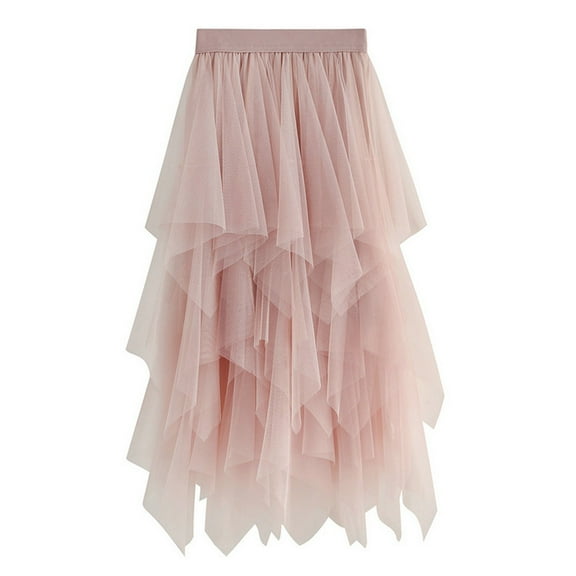 Fesfesfes Skirts for Women Solid A-line Irregular Net Yarn Elastic Waist Casual Pleated Skirt