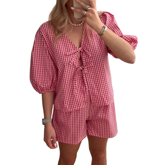 Baby Sweetie Women 2 Piece Set, Short Sleeve Front Tie-up T-shirt with Elastic Waist Shorts Plaid Summer Outfit