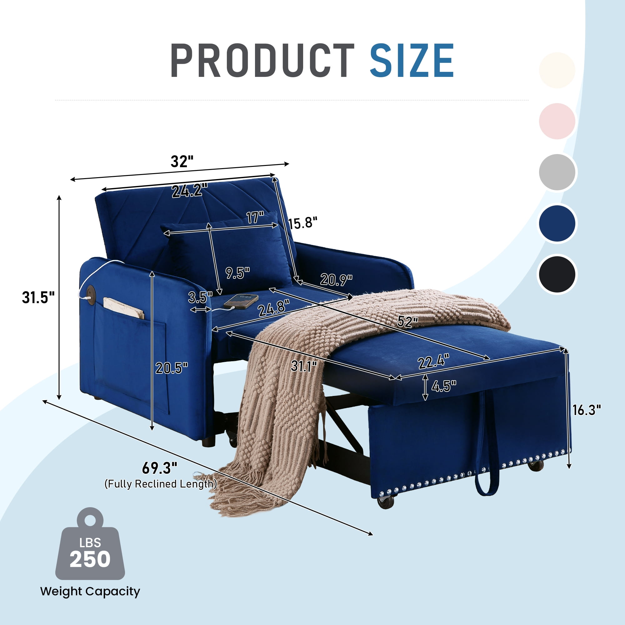 Lunale 3-in-1 Convertible Sleeper Chair Bed, Indoor Lounge Chair with USB/Type-C, Blue Velvet