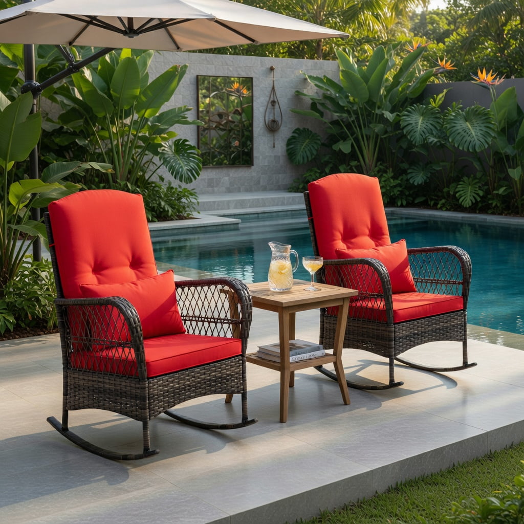 Hommoo 3-Piece Rocking Bistro Set with 2-Tier Tempered Glass Coffee Table, PE Rattan Outdoor Chairs, Red