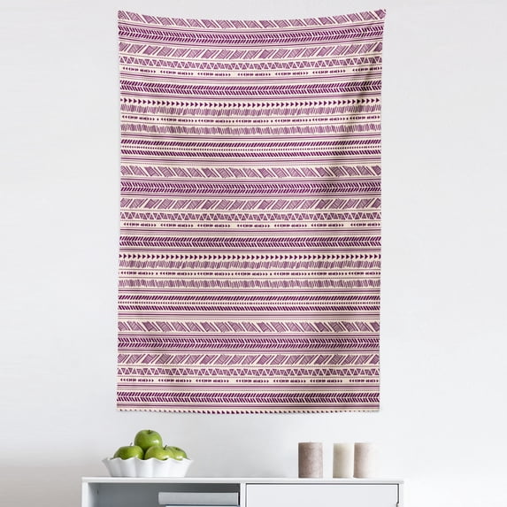 Ethnic Tapestry, Tribal Inspired Nostalgia Horizontal Design Lines Dots Stripes Triangles, Fabric Wall Hanging Decor for Bedroom Living Room Dorm, 5 Sizes, Dark Purple Champagne, by Ambesonne