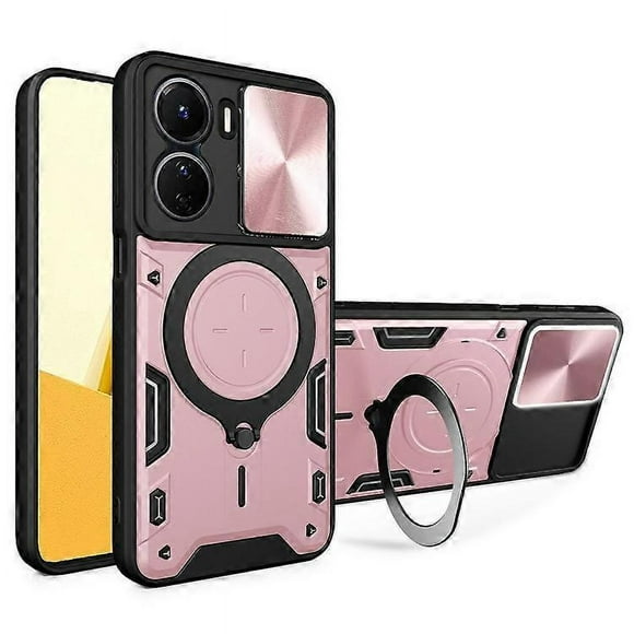 Compatible For vivo Y16 4G Slide Camera Protection Phone Cover Hybrid PC+TPU Kickstand Phone Case Pink