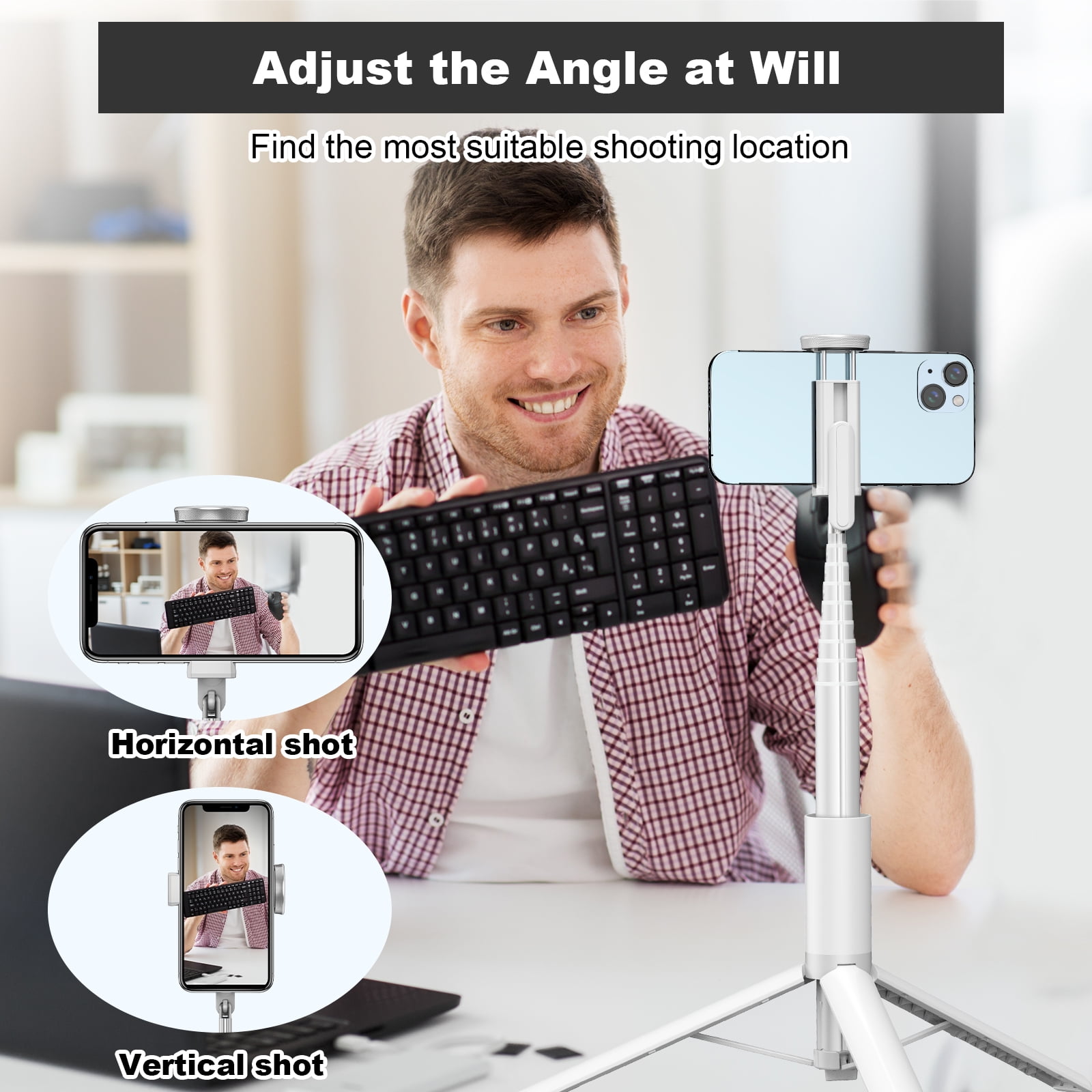 TONEOF 67in White Phone Tripod Selfie Stick with Remote control Portable for 4-7” iPhone and Android