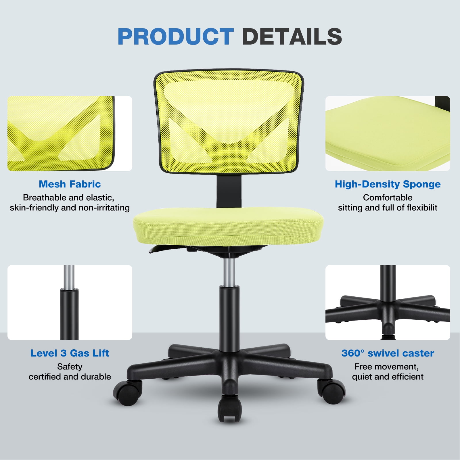 JOINSUN Armless Home Office Desk Chair for Small Space, Adjustable Height, Swivel Rolling Mesh Computer Chair, Green