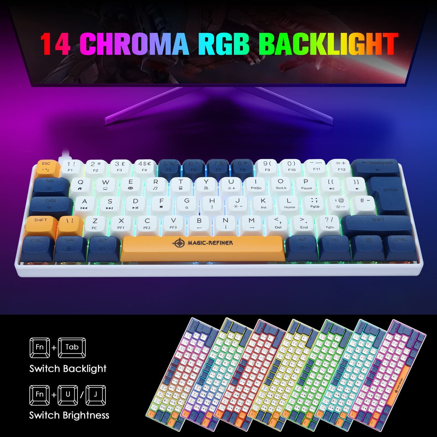 MAGIC-REFINER MK21 AKKO World Tour 60% Wired Mechanical Gaming Keyboard with RGB Backlight, Dye Sublimation PBT Keycaps, NKRO Programmable Red Switch for PC Mac PS4 Xbox one