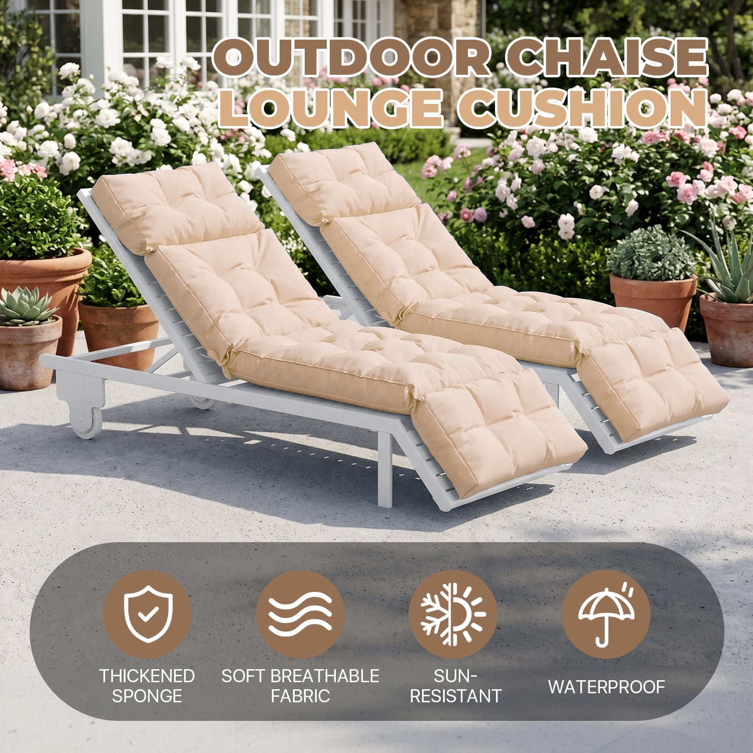 BaPiPro Set of 2 Upgraded 4-Segment Chaise Lounge Cushions, All-Weather Tie Fastened Pads with Plush PP Cotton, for Patio, Poolside & Balcony, Beige