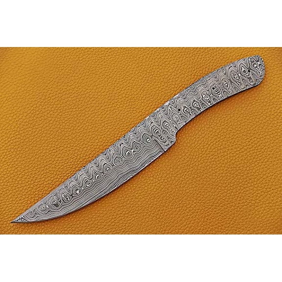 Knife Making, Damascus Steel Blank Blade 11 inches Long Hand Forged Trailing Point Skinning Knife, Hunting Knife with 3 Pin Hole, 6 inches Cutting Edge, 4.5" Scale Space