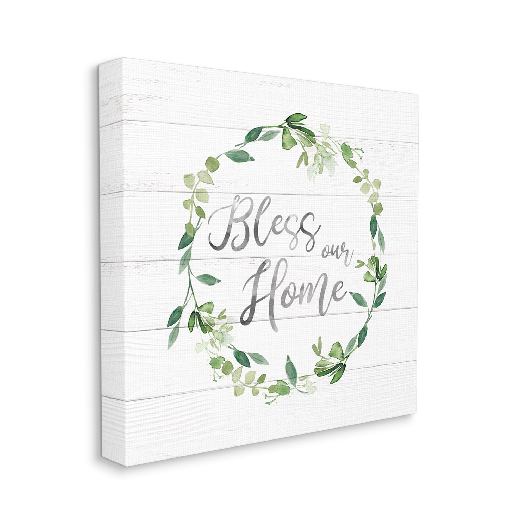 Stupell Industries Bless Our Home Farmhouse Leaves Wreath Calligraphy Graphic Art Gallery Wrapped Canvas Print Wall Art, Design by Carol Robinson