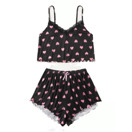 

Womens Pajama Sets Lettuce Trim Spaghetti Strap Sleepwear Black XL