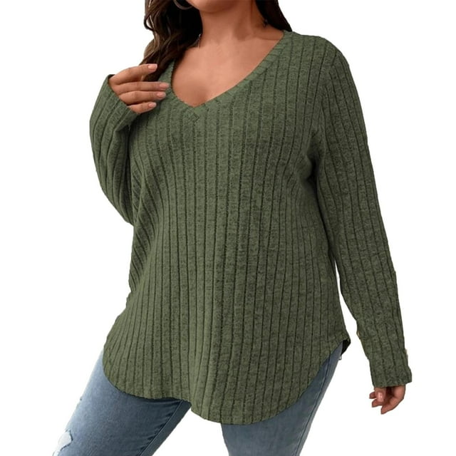 AherBiu Hauts Côtelés Grande Taille pour Femmes Blouse à Manches Longues Tunique à Col en V Haut à Porter avec des Leggings