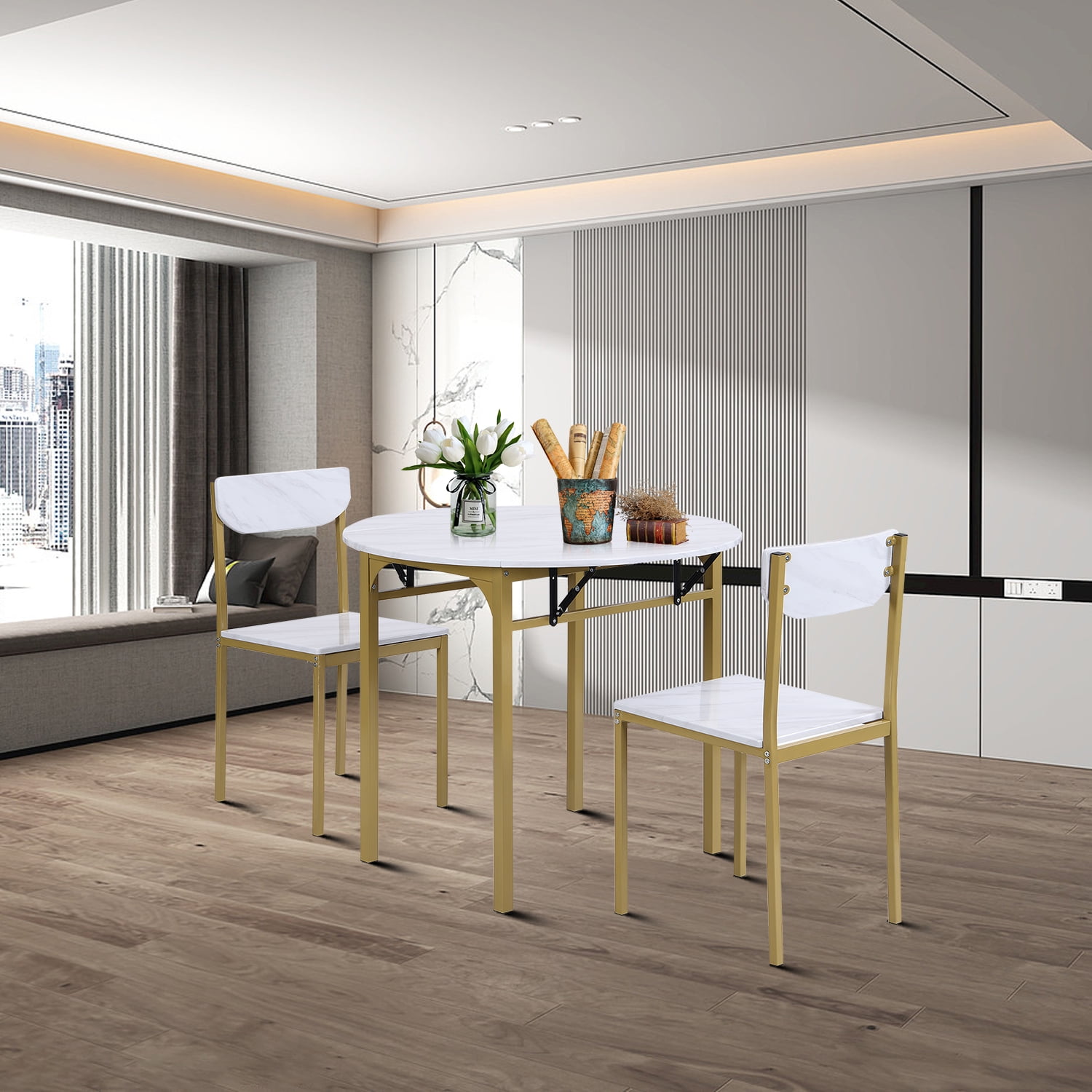 3piece Drop Leaf Round Table Set, Metal Frame Dining Table Set with 2