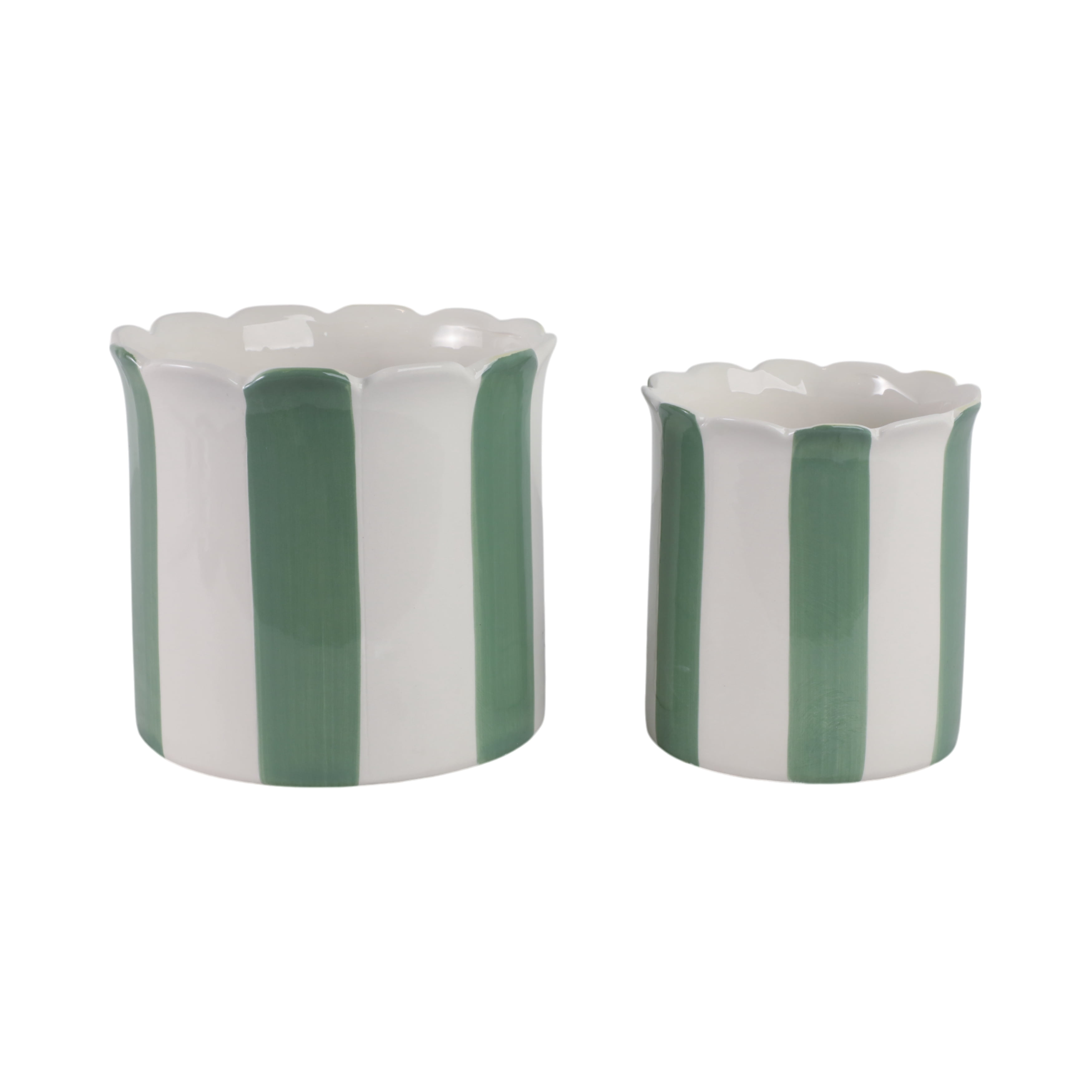 Ceramic Scalloped Striped Flower Pots for Home Decor - Decorative Planters for Indoor and Outdoor Plants - Plant Pots for Living Room and Garden Decor - Set of 2, 7", 6", Green & White