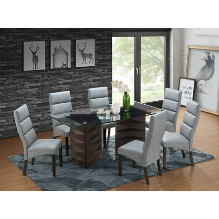 Olivia 7 Piece Dining Set, Cappuccino Wood & Gray Faux Leather, Transitional, 71