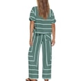 thumbnail image 6 of Women's Striped Two Piece Set, Crew Neck Top with Pocket and Drawstring Waist Wide Leg Pants, Cotton Linen Loungewear Set, Summer Casual Outfits for Women-Light Green, 6 of 7