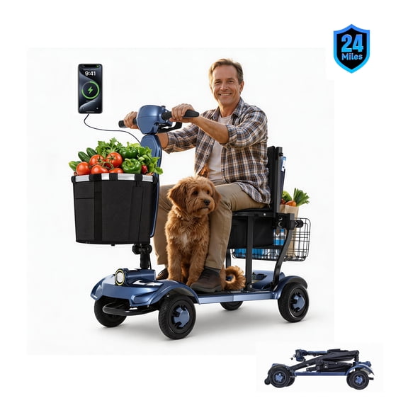 Lightweight 4-Wheel Mobility Scooter, Foldable Motorized Scooter with Lithium Battery