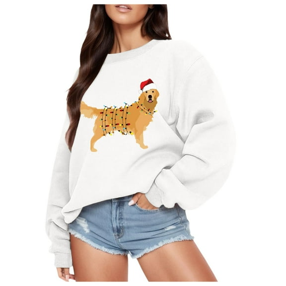 Fiaer Christmas Golden Retriever Sweatshirt Sweatshirt for Women Crew Neck Loose Fit Pullover Plus Size Long Sleeve Cute Graphic Tops White XL