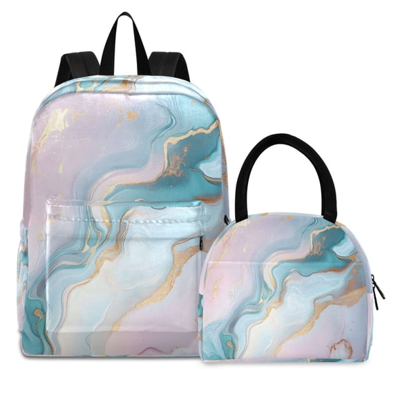 ALAZA Backpack Set Green Marble Elementary School Bags Student BookBag with Lunch Bag