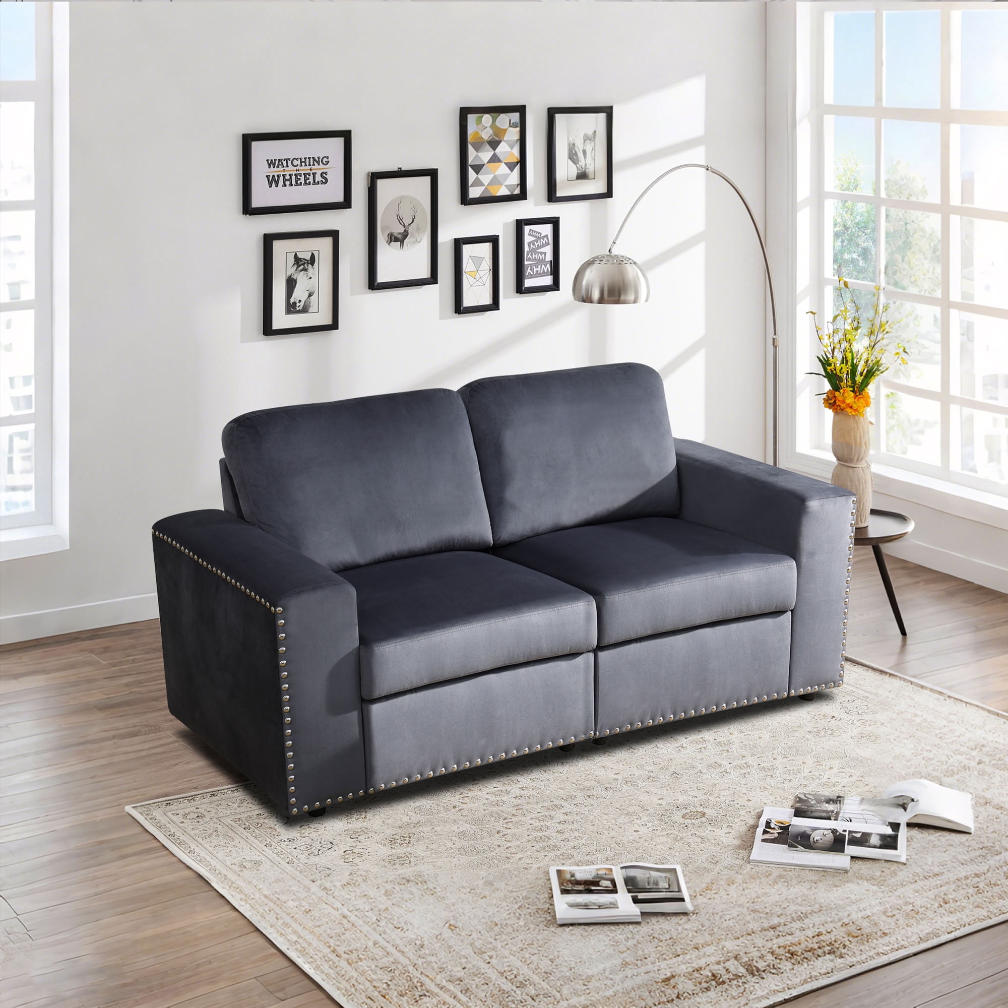 MAYEERTY Modular Loveseat Sofa Couch with Nailhead Trim & Anti-Insect Solid Wood Frame for Living Room, Dark Grey