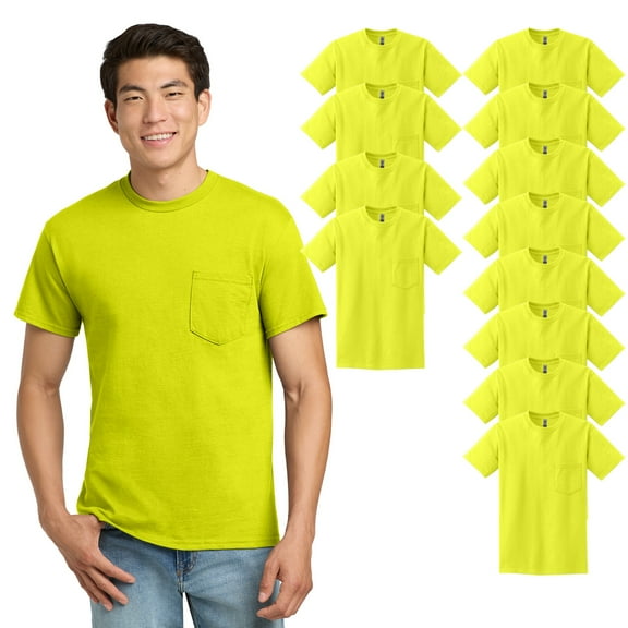Gildan Ultra Cotton Pocket T-Shirt for Men, Safety Green Pocketed Shirt, Pack of 12, S
